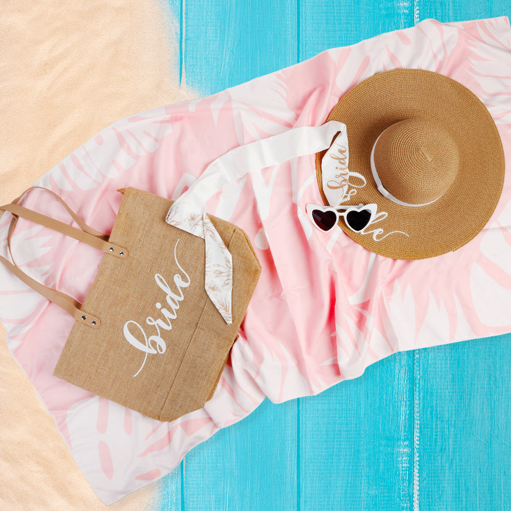 Bride Beach Gift Set | 5-Piece Bachelorette & Honeymoon Gift Set with Hat, Tote, Towel, Scarf & Sunglasses