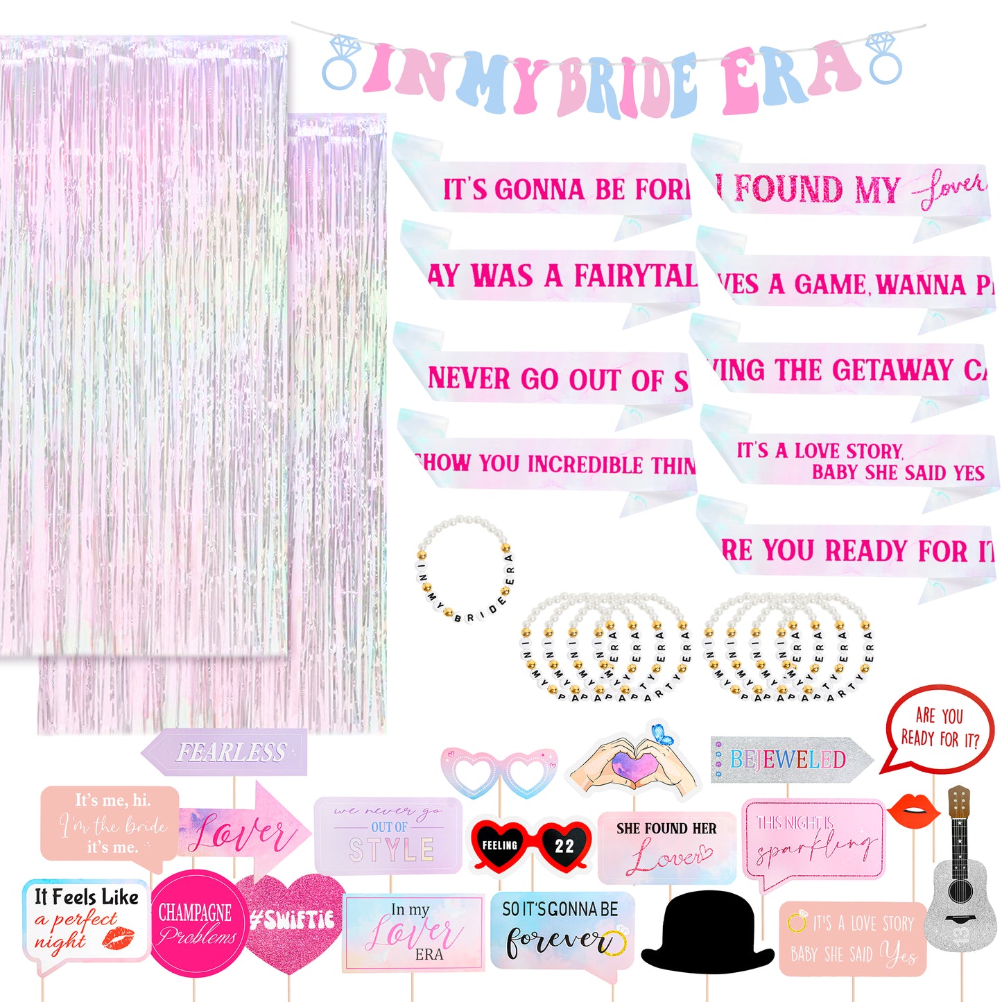 Taylor-Inspired Bachelorette Party Decorations | Friendship Bracelets, Sashes, Banner, Fringe Curtains & Photo Booth Props
